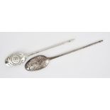 Two 18th Century Silver Single Drop Mote Spoons, one possibly by Elias Cachart, London, circa