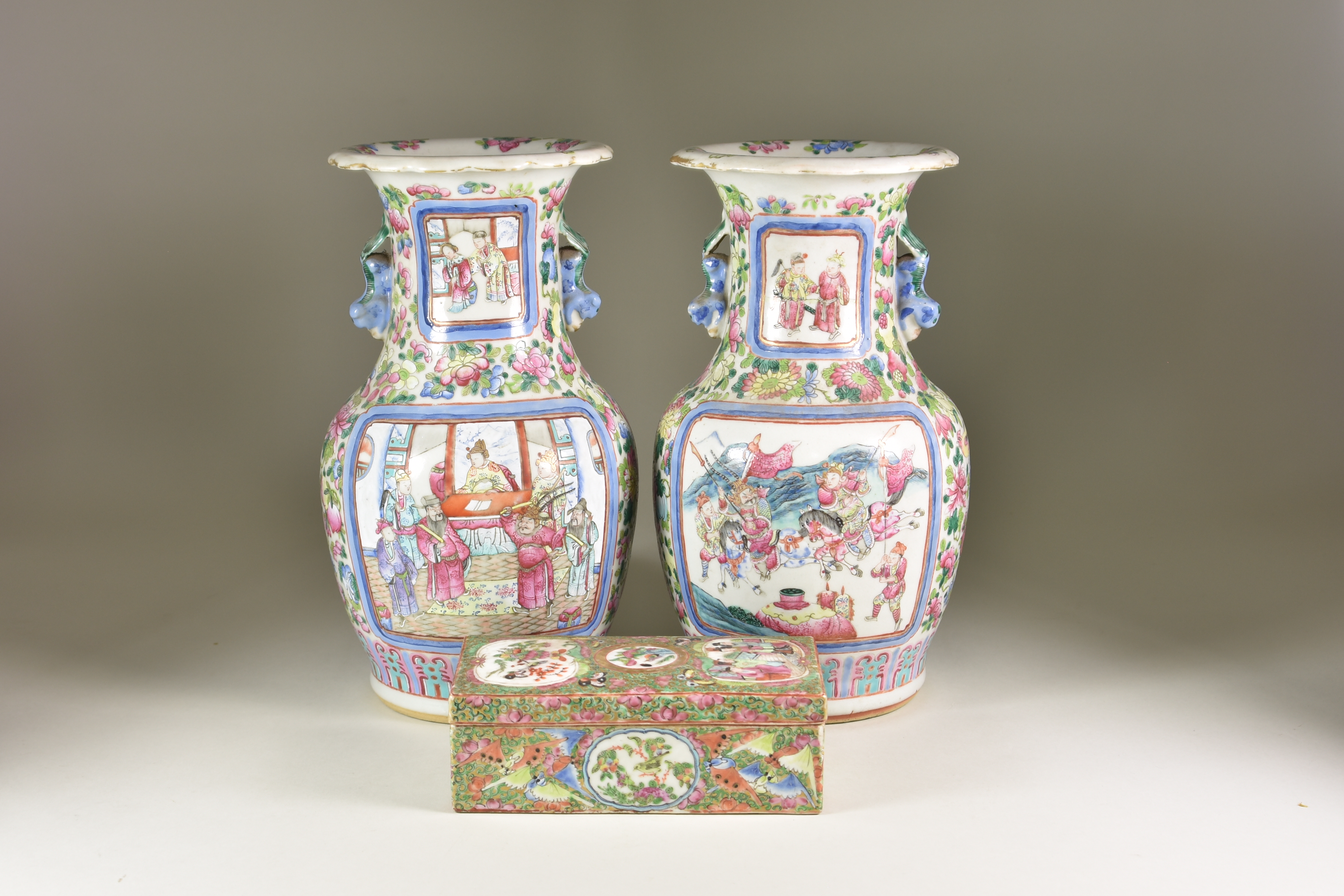 A Pair of Chinese Cantonese Baluster-Shaped Vases, Late 19th Century, typically decorated in colours