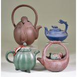 Four Chinese Yixing Stoneware Teapots and Covers, including green ribbed example on three feet, 4.