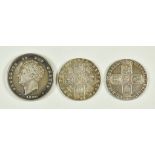 Three Georgian Coins, comprising - a George II sixpence, 1757, a George III sixpence, 1787, and a