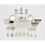 Four Victorian Silver Fiddle Pattern Table Forks and Mixed Silver Ware, the table forks by Samuel