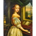 Manner of Caspar Netscher (1635-1684) - Oil painting - "La Pianiste", half length portrait of a