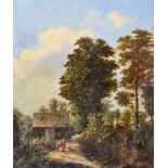 19th Century English School - Oil painting - Country landscape with figures, dog and horse on tree