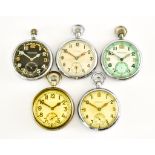 Five Military Pocket Watches, comprising - one black face Jaeger-LeCoultre, one white face Jaeger-