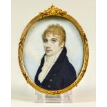 Early 19th Century School - Half-length miniature portrait of a gentleman wearing blue coat, 3ins