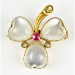 A Brooch in the Shape of a Three Leaf Clover, 20th Century, set with three heart shaped moonstones