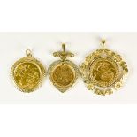 Three Mounted Gold Coins, 20th Century, comprising - George V sovereign, 1915, in 9ct gold mount,