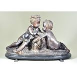 A Late 19th Century School - Bronzed Spelter Group of Two Seated Embracing Putti, with sheaves of