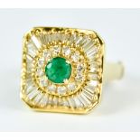 An 18ct Gold Emerald and Diamond Cluster Ring, Modern, set with a centre emerald stone,