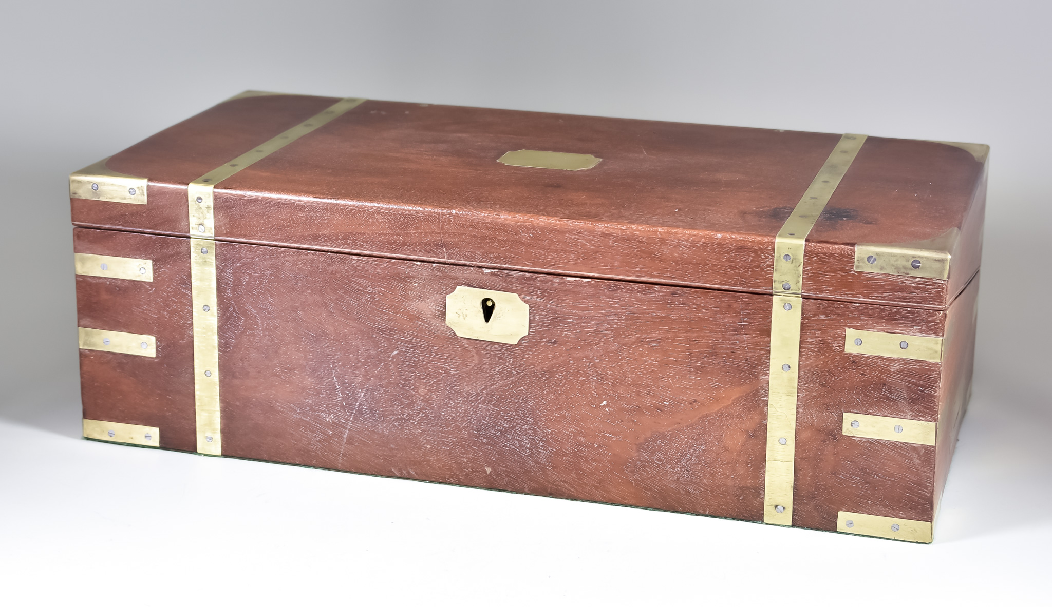 A Mahogany and Brass Bound Rectangular Writing Box, 19th Century, with fitted interior and drawer to