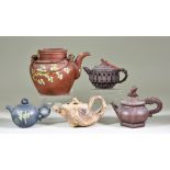 Three Stoneware Yixing Teapots, including one with with fish biting handle and bird knop, 4.75ins (