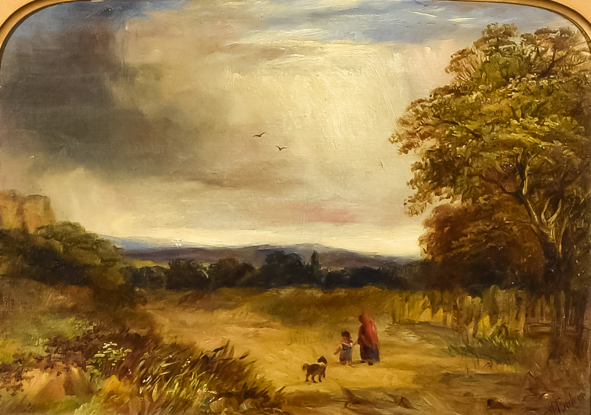 C. J. Barker - Oil painting - Stormy landscape with two figures and a dog to foreground, signed,