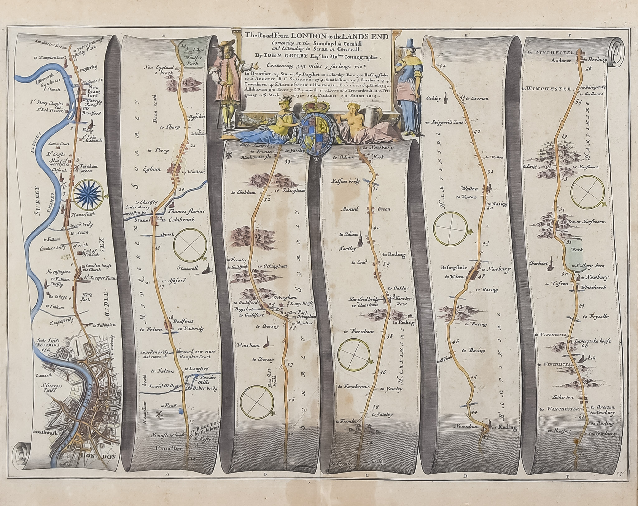 John Ogilby (1600-1676) - Four coloured engravings - "The Continuation of the Road from London to - Image 4 of 4