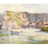 Foster - Oil painting - Harbour scene with figures hauling in the fishing boat, signed, canvas,