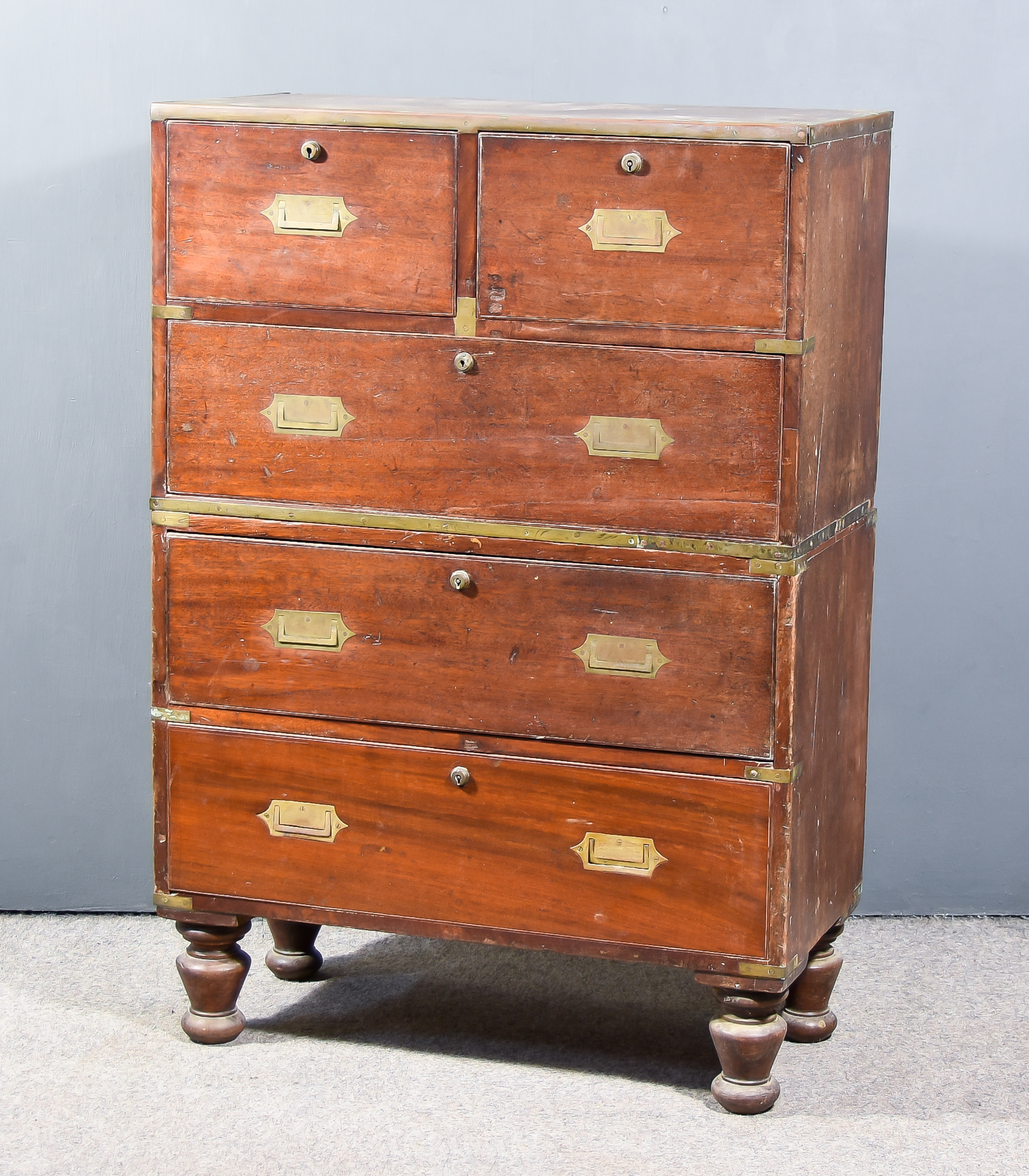 A 19th Century Mahogany and Brass Bound Military Chest, in two sections, fitted two short and