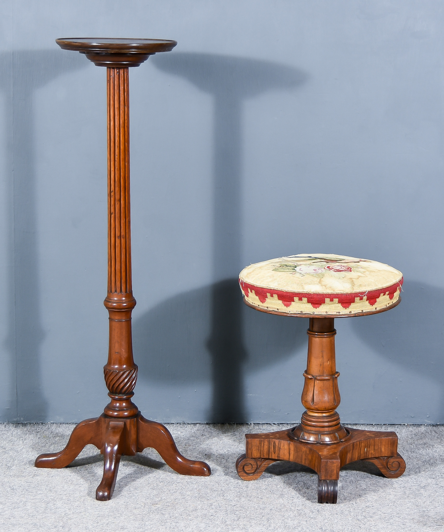 An Early Victorian Rosewood Circular Piano Stool and a Mahogany Jardiniere Stand, the piano stool