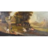 18th Century Continental School - Oil painting - Rural river landscape with horses, cattle and
