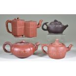 Four Chinese Yixing Teapots and Covers, including double teapot, each section of hexagonal