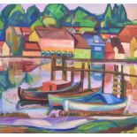 ***Sophie B. Jensen (1912-2007) - Oil painting - "Havn/Port" - Harbour with boat to foreground,
