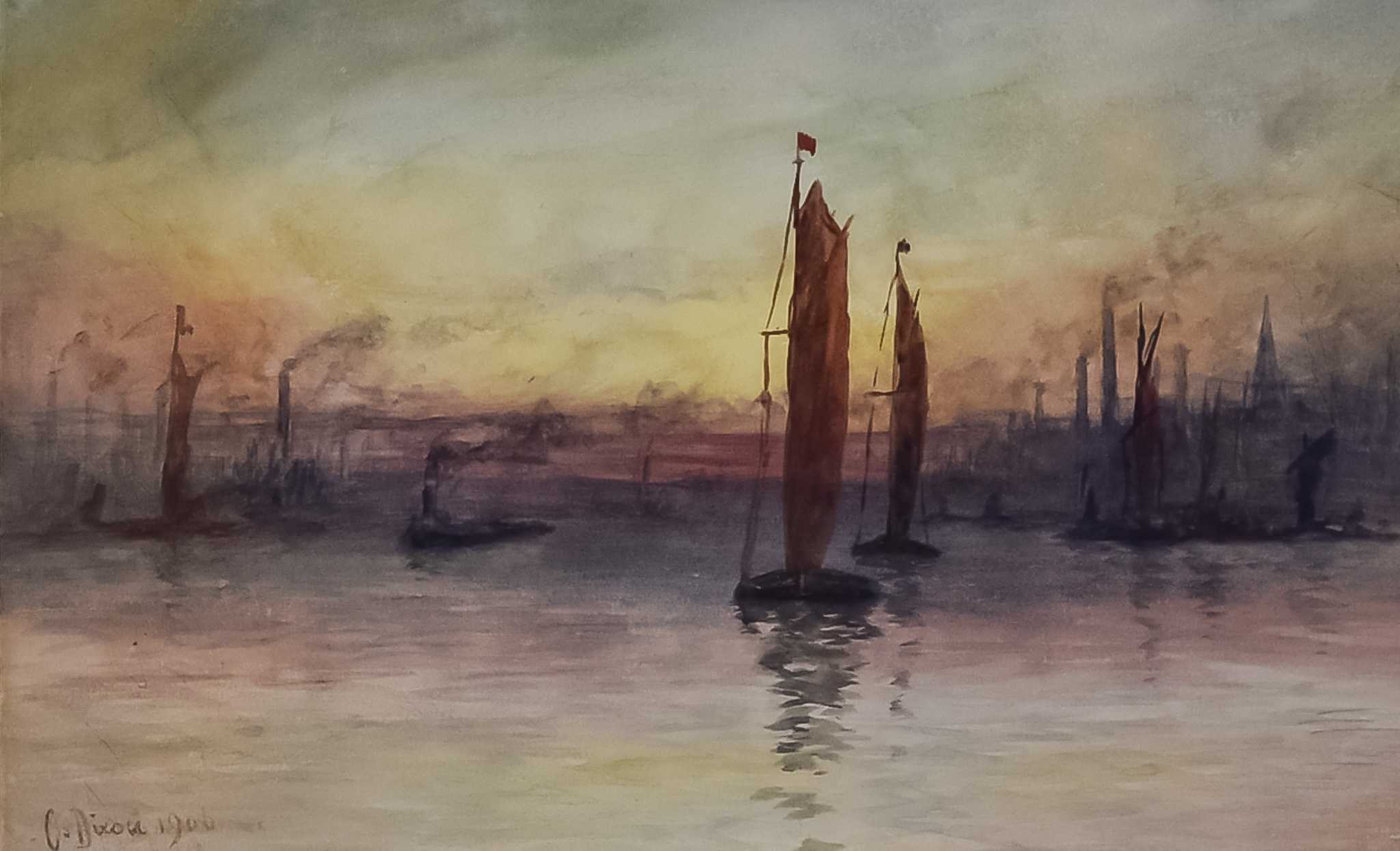 Charles Edward Dixon (1872-1934) - Watercolour - "The Thames from Gravesend", signed and dated 1906,