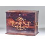 A Rosewood and Marquetry Writing Box, 19th Century, with brass drop down handles to sides, the