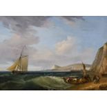 Thomas Whitcombe (1763-1824) - Oil painting - "Shakespeare Cliff and Dover Harbour" - a fishing boat