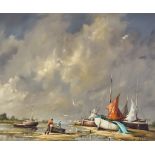 ***Gudrun Sibbons (born 1925) - Oil painting - Coastal scene with beached fishing boats and