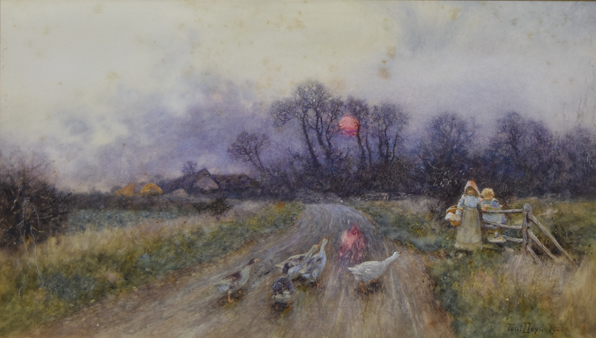 Tom Lloyd (1849-1910) - Watercolour - "Held Up" - Sunset over a rural landscape with two children by