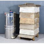 A Panelled Wood Five Tier Beehive, 24ins x 23ins x 48ins high and a stainless steel honey extractor