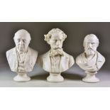 Three Parian Busts - "Charles Darwin, Longfellow and J.W. Mitchell", on circular socles, each 8.5ins