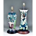 Two Moorcroft Pottery Table Lamps on Wooden Bases, one decorated in Lamia design, 13ins high
