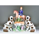 Two Staffordshire Pottery Seated Spaniels and Eight other Staffordshire Pottery Flatback Figures,