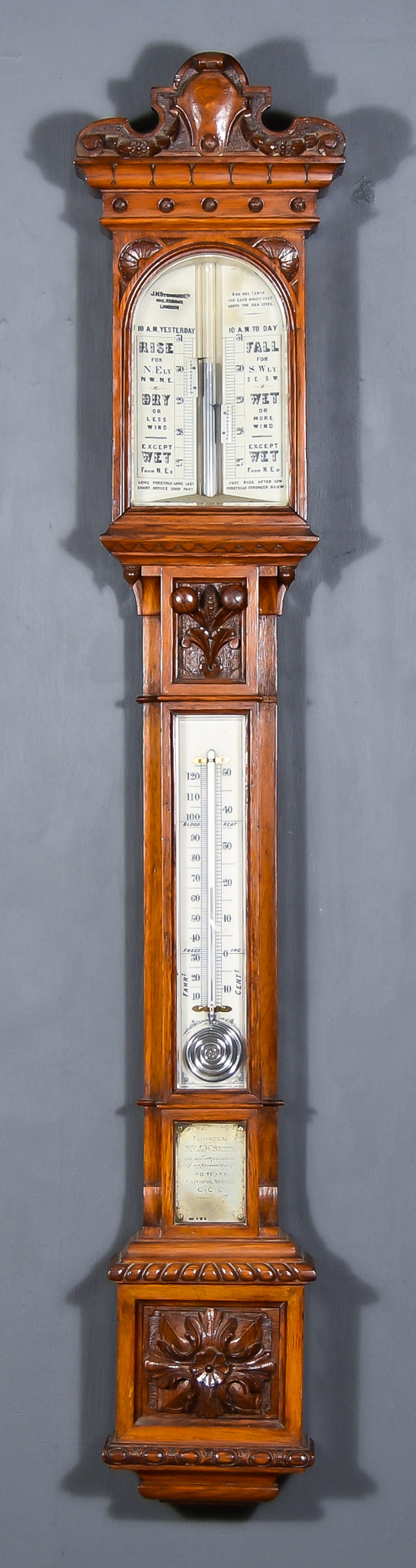 A Late Victorian Oak Cased Stick Barometer and Thermometer, by J.H Steward Ltd, 406 Strand,
