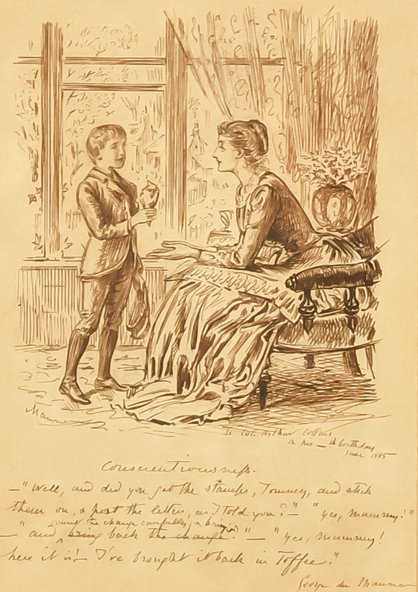 George Du Maurier (1834-1896) - Pen drawing - "Conscientiousness" - young boy presenting his