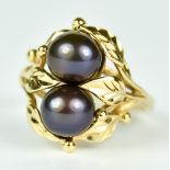 A 14ct Gold Tahitian Pearl Ring, Modern, set with two Tahitian pearls, each approximately 8mm