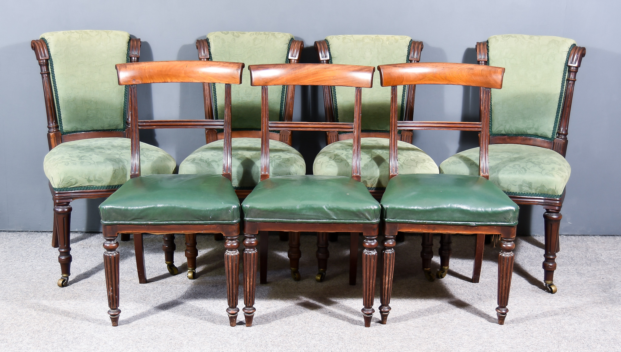 A Set of Four Victorian Mahogany Scroll Back Dining Chairs and Three William IV Mahogany Dining