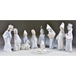 A Lladro Porcelain Nativity Set, comprising - baby Jesus, Mary, Joseph, King Melchior, King