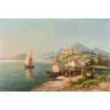 19th Century Dutch School - Oil painting - "Perugia, Italy", with figures to foreground, boats on