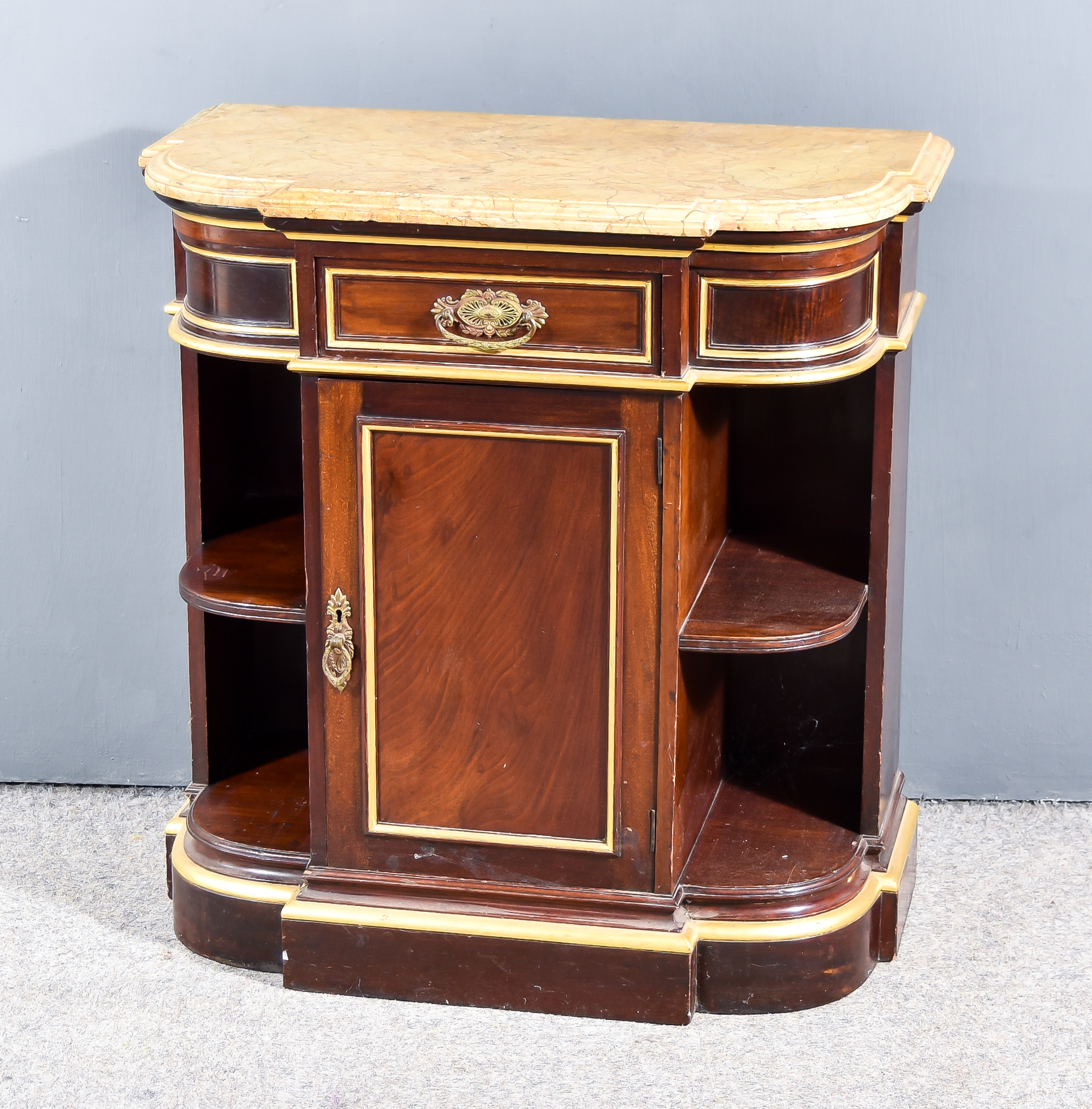 A 20th Century Mahogany and Parcel Gilt Break Front Dwarf Cabinet, with yellow flecked marble top