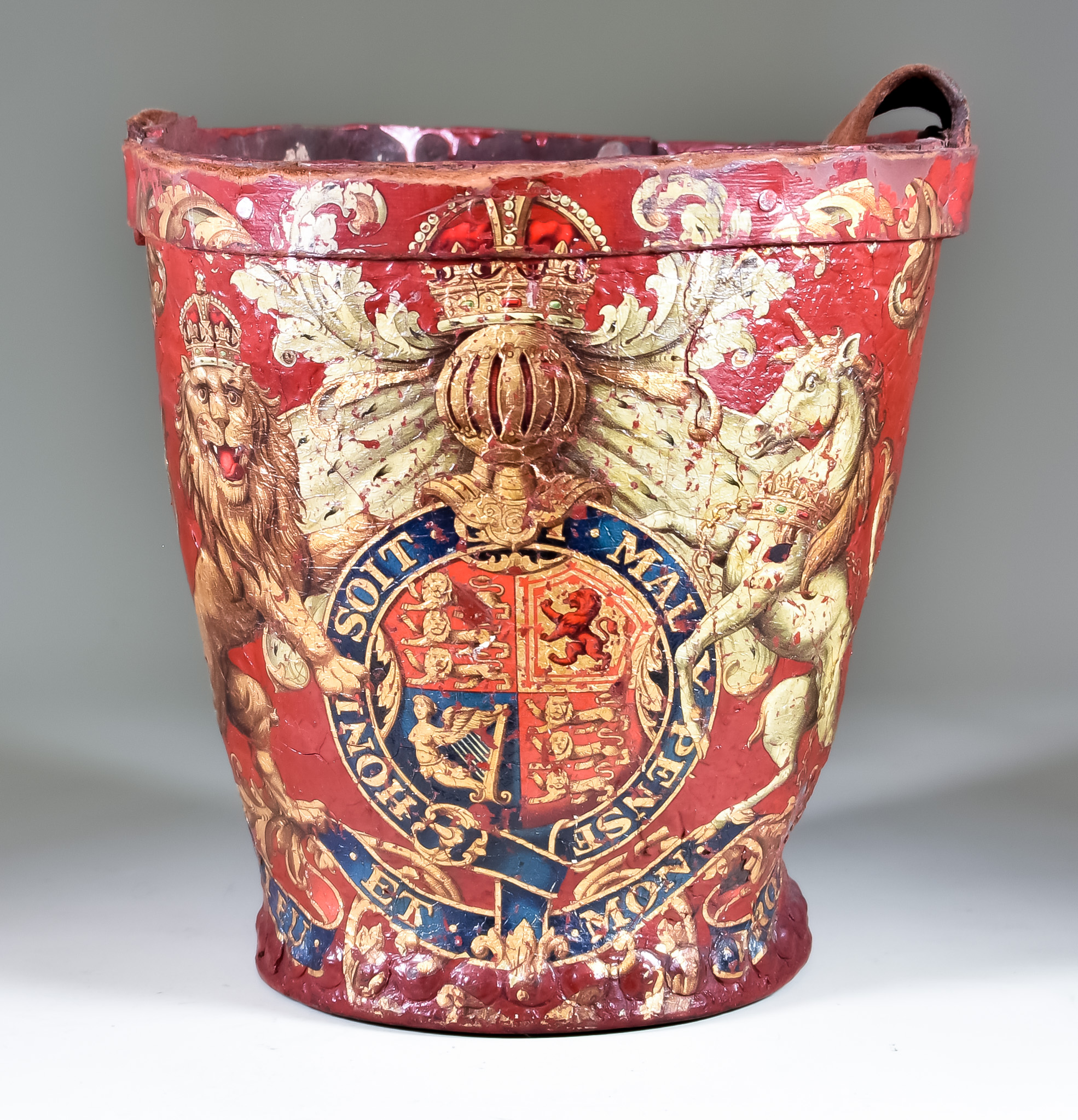 An English Leather Fire Bucket, Late 18th/Early 19th Century, decorated with the Royal Coat of