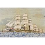 A 19th Century Sailor's Wool Work Picture, depicting rigged boats, 19ins x 28.5ins, contained in
