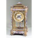A Late 19th/Early 20th Century French Gilt Brass and Champleve Enamel "Four Glass" Mantle Clock,