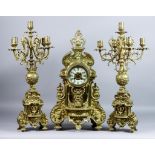 A Late 19th/Early 20th Century French Brass Cased Three-Piece Clock Garniture, the clock by Japy