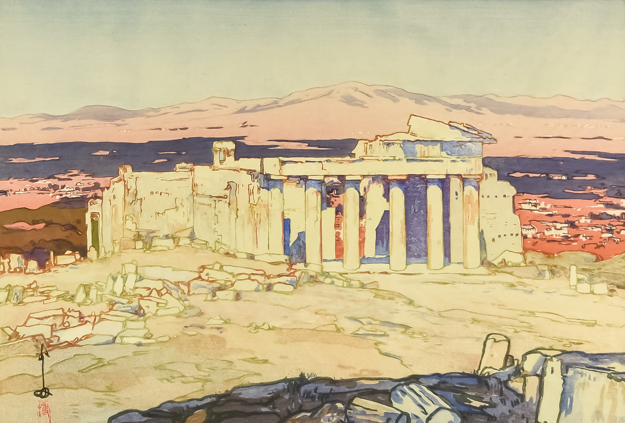 Hiroshi Yoshida (1876-1950) - Woodcut - "Acropolis", 10.25ins x 14.5ins, framed and glazed Note: The