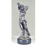 After Clodion - Brown patinated bronze figure of a standing satyr drinking from a wine sack on