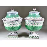 A Pair of Italian Creamware Pottery Urn-Shaped Vases and Covers, Late 18th Century, enamelled in