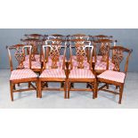 A Harlequin Set of Twelve Mahogany Dining Chairs of Chippendale Design, with shaped crest rails,