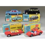 A Corgi Toys No. 252 "Rover 2000", No. 418 "Austin Taxi", No. 215S "Ford Thunderbird Open Sport",