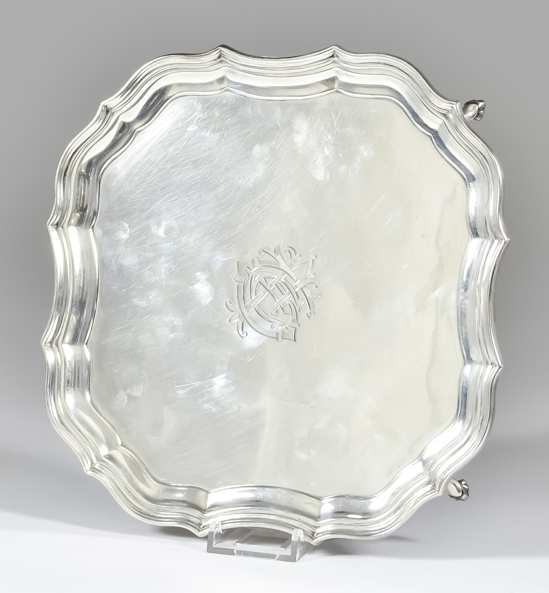 A George V Silver Square Waiter by Barker Brothers Chester 1913, with shaped and moulded rim,