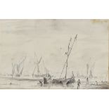 Hendrick Jacobsz Dubbels (1621-1707) - Watercolour - Fishing vessel with fishermen at anchor on